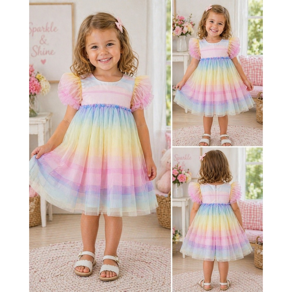 Sparkle & Shine‎ Dress Rainbow Ombre Tulle Puff Sleeve Party Whimsical Size 3T/3